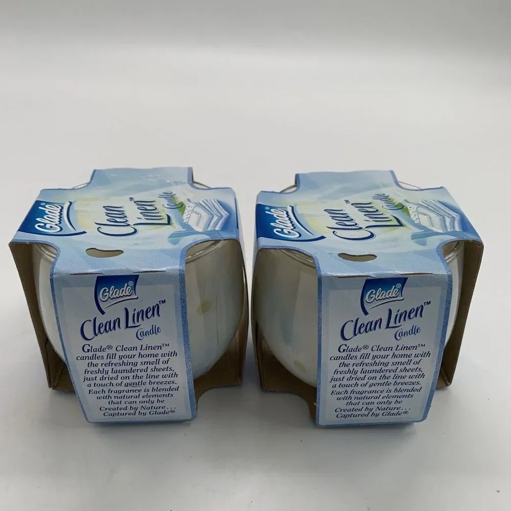 2 Glade CLEAN LINEN GLASS JAR CANDLES 4 Oz. Each Candle From Year 2004